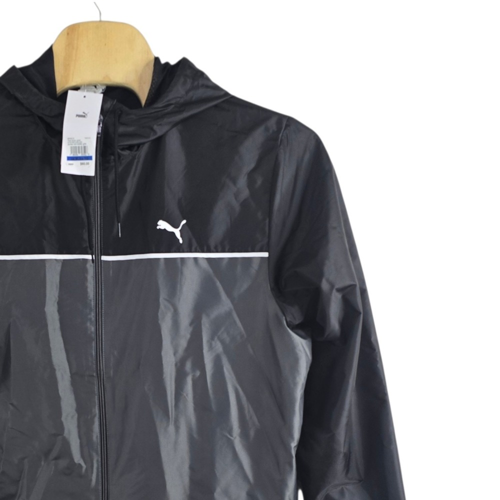 Puma Mens Piped Woven Jacket Black Dusky Gray Hooded Full Zip XL 695350 02